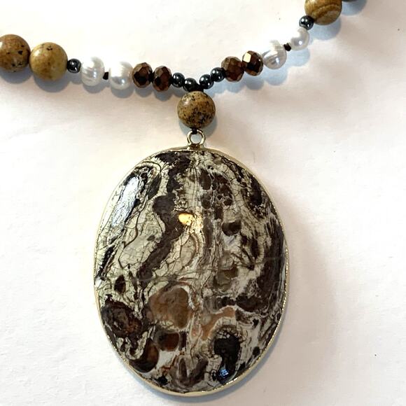 Vtg Agate Cultured Pearl Necklace Polished Gemstones Bold Southwest Statement - Picture 5 of 13